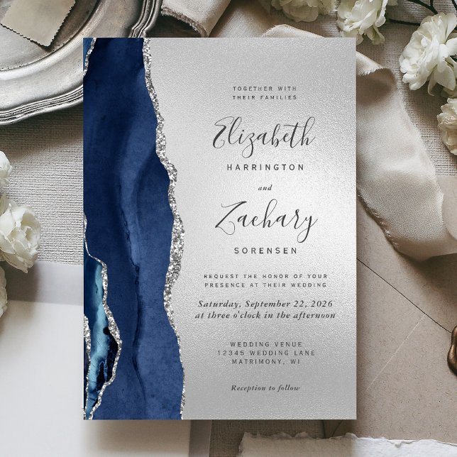 Invitation Mariage Moderne Bleu Nuit Agate Argent (Créateur téléchargé)