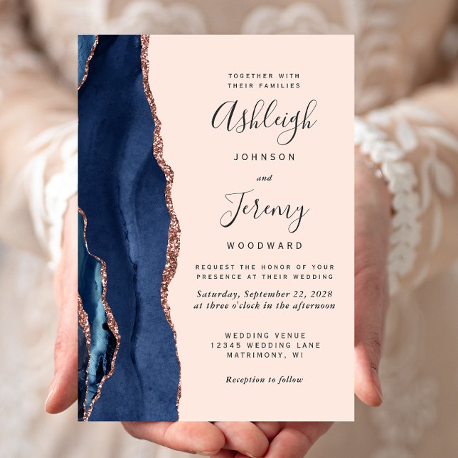 Invitation Mariage Moderne Bleu Nuit Agate Rose Doré Blush (Créateur téléchargé)