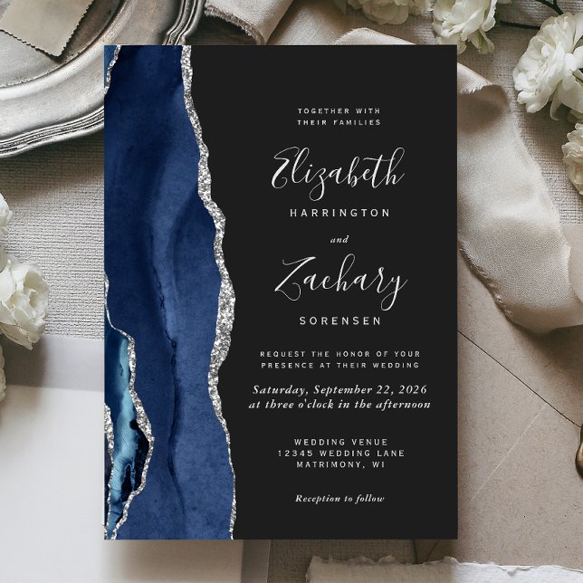 Invitation Mariage Moderne Bleu Nuit Argent Agate Foncé (Créateur téléchargé)