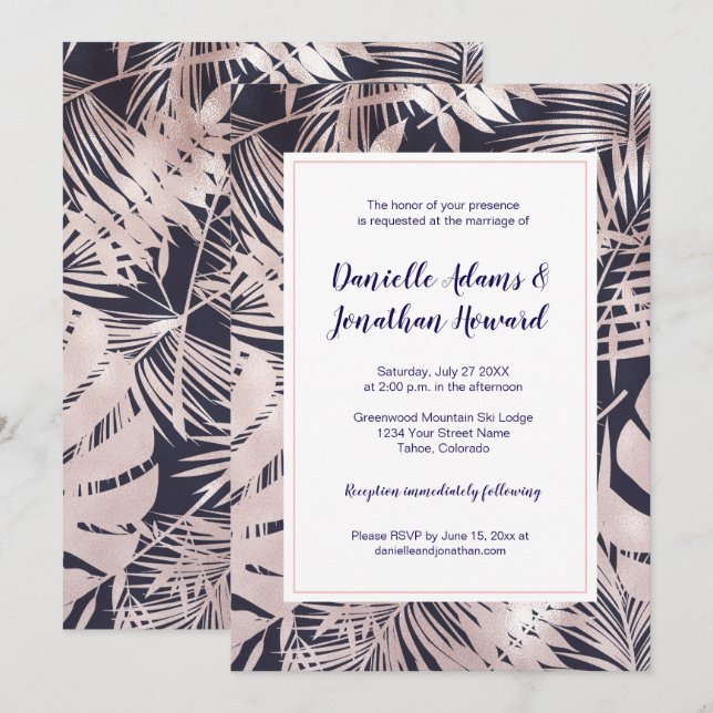 Invitation Mariage Moderne Bleu Nuit avec Superposition de Fe (Devant / Derrière)
