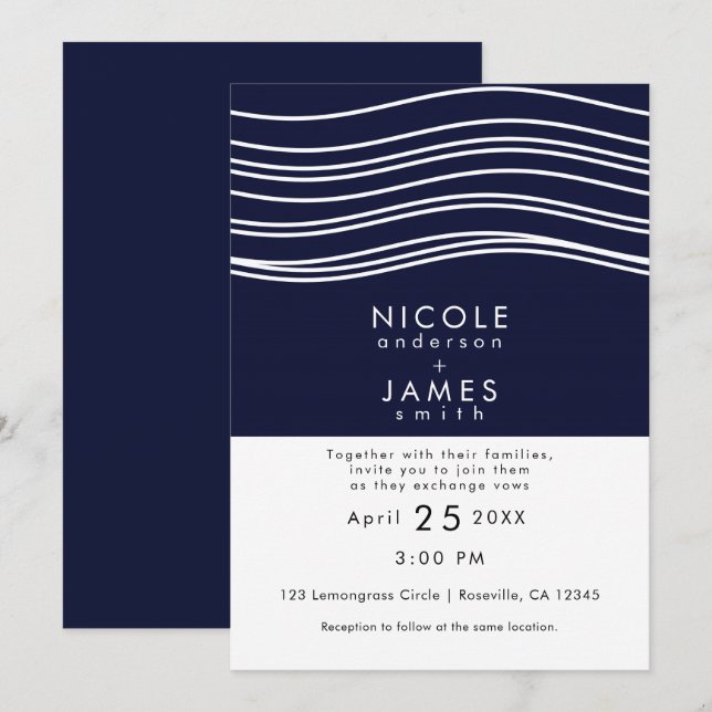 Invitation Mariage Moderne Bleu Nuit et Vague Blanche (Devant / Derrière)
