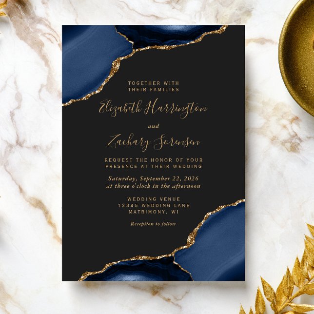 Invitation Mariage Moderne Bleu Nuit Or Agate Coins Sombres (Créateur téléchargé)
