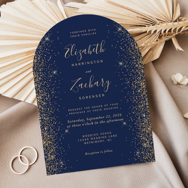 Invitation Mariage Moderne Bleu Nuit Or Paillettes Bordure Ar (Créateur téléchargé)