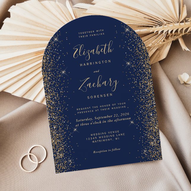 Invitation Mariage Moderne Bleu Nuit Or Paillettes Bordure Ar (Créateur téléchargé)