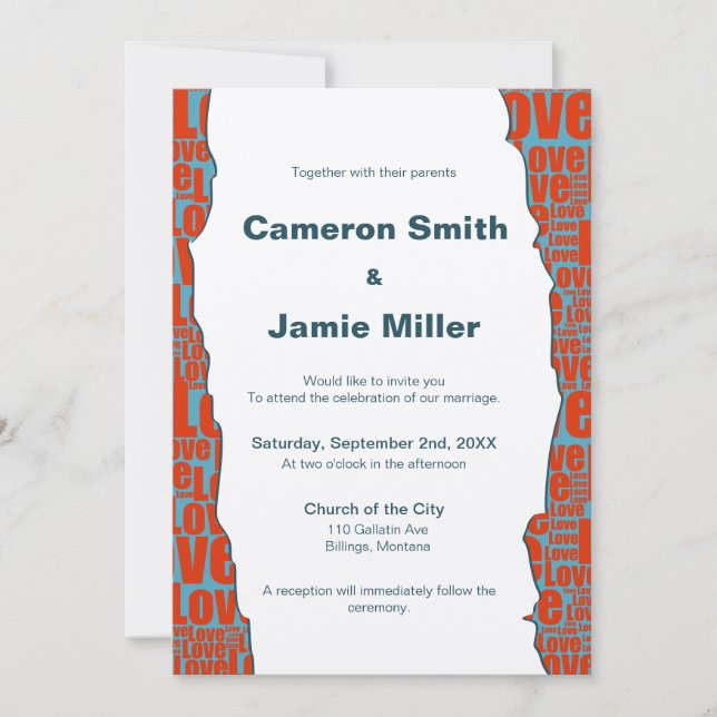 Invitation Mariage Moderne Bleu Rouge Amour Bordure Crème (Devant)