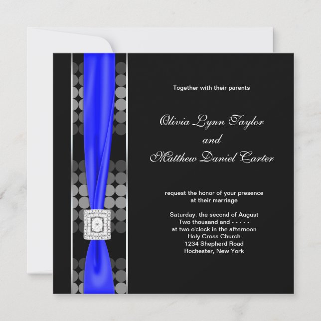 Invitation Mariage Moderne Bleu Royal à Points Noirs et Blanc (Devant)