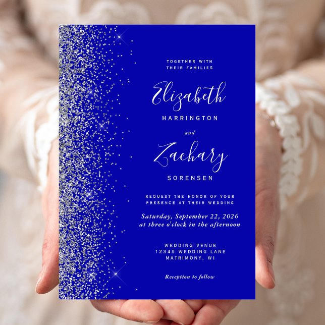 Invitation Mariage Moderne Bleu Royal Pailleté Bordure Argent (Créateur téléchargé)