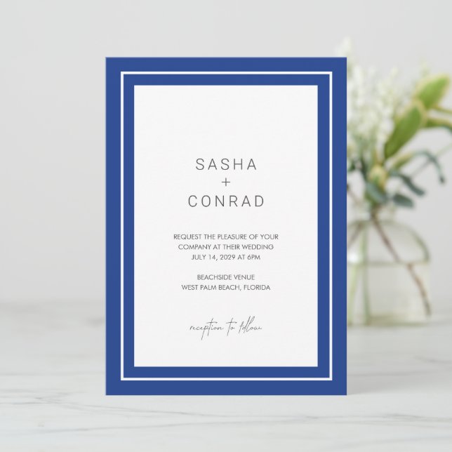 Invitation Mariage Moderne Bleu Saphir avec Bordure Gras (Debout devant)