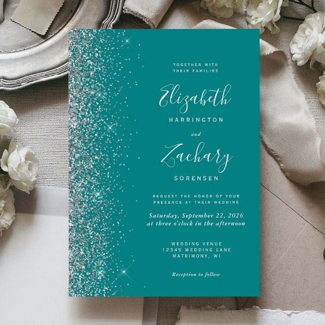 Invitation Mariage Moderne Bleu Turquoise Paillettes Argentée (Créateur téléchargé)