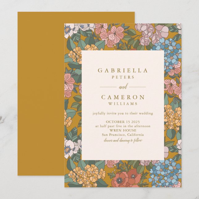 Invitation Mariage Moderne Bohème Floral Jaune Moutarde (Devant / Derrière)