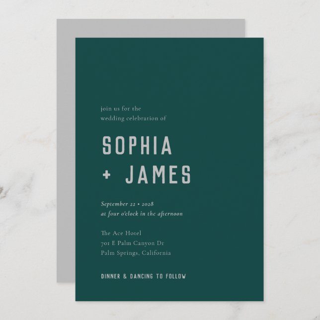 Invitation Mariage moderne Boho Arch Green Grey Typographie (Devant / Derrière)