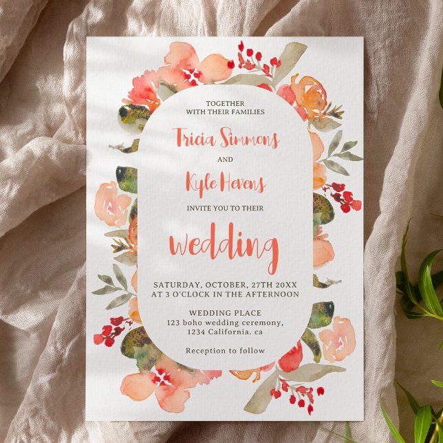 Invitation Mariage moderne Boho automne terre cuite à fleurs  (Modern Boho fall terracotta floral script wedding Invitation)