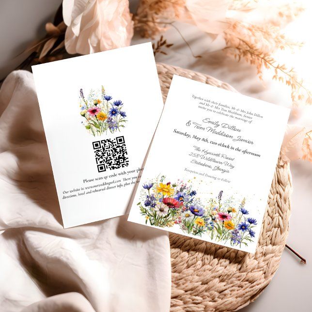 Invitation Mariage moderne Boho avec code QR de fleurs sauvag (Créateur téléchargé)