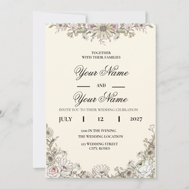 Invitation Mariage Moderne Boho avec Dessin de Fleurs Sauvage (Devant)