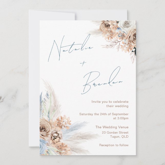 Invitation Mariage moderne Boho Dusty Blue Script (Devant)