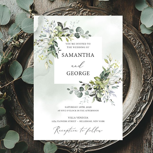 Invitation Mariage moderne boho eucalyptus feuillage verdure (Greenery foliage boho modern eucalyptus wedding invitation)