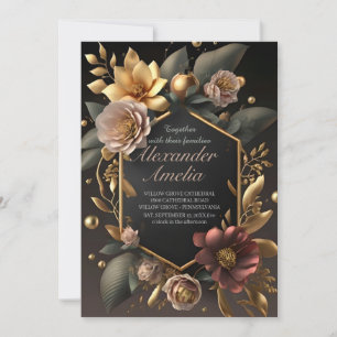 Invitation Mariage moderne boho floral noir, Bourgogne et or