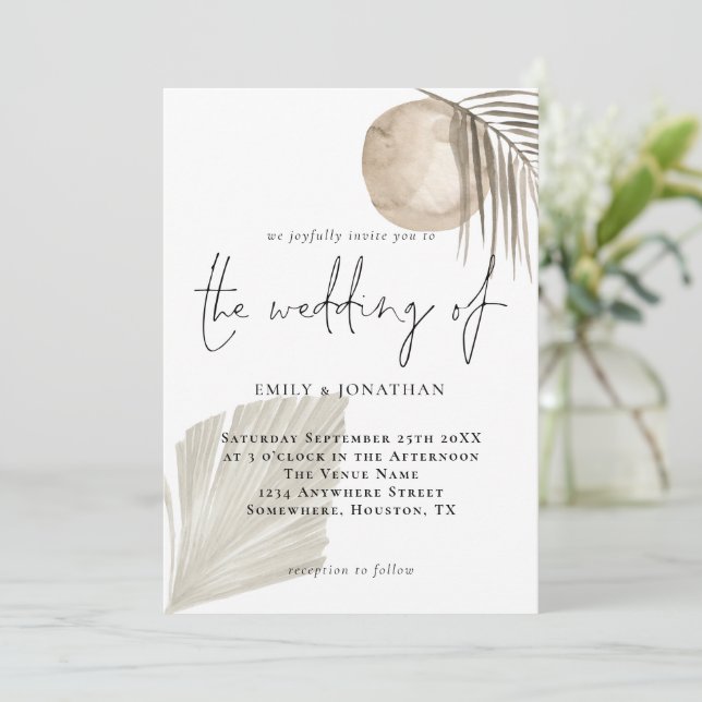 Invitation Mariage moderne Boho Pampas Grass Beige (Debout devant)