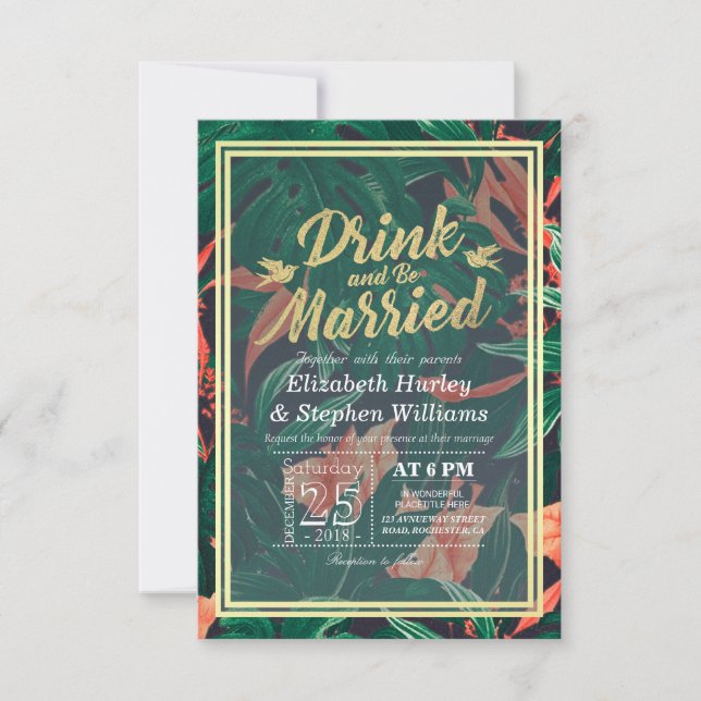 Invitation Mariage moderne Boire & Etre Marié Fleurs tropical (Devant)