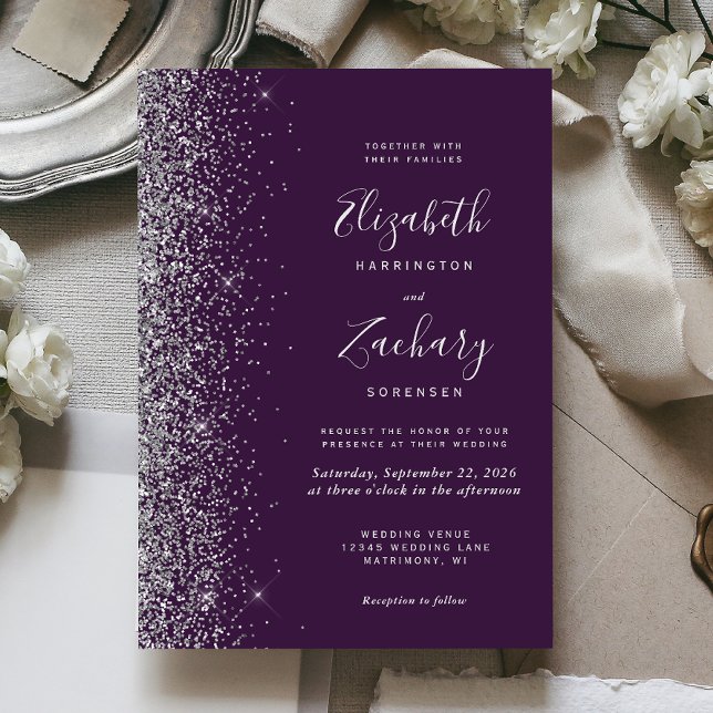 Invitation Mariage Moderne Bordure Pailletée Violet Argent (The perfect choice for a purple and silver themed wedding.)