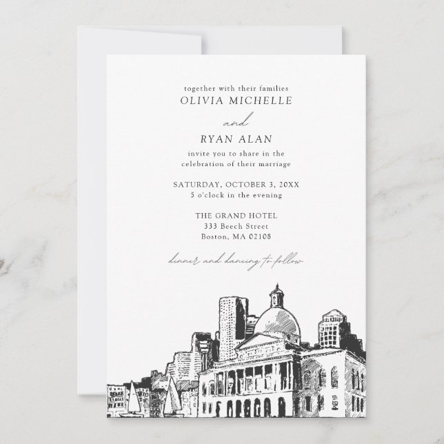 Invitation Mariage moderne Boston Skyline Sketch noir et blan (Devant)