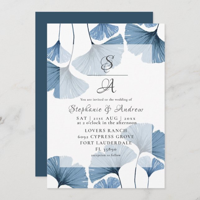 Invitation Mariage moderne Botanique Bleu Gingko (Devant / Derrière)