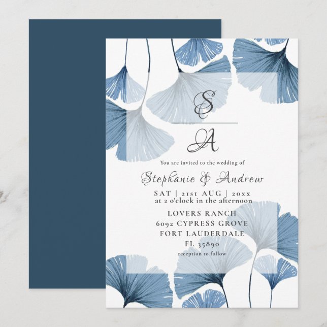 Invitation Mariage Moderne Botanique Bleu Ginkgo (Devant / Derrière)