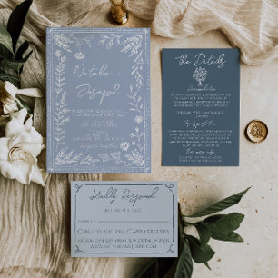 Invitation Mariage Moderne Botanique Floral Bleu Azur Bohème