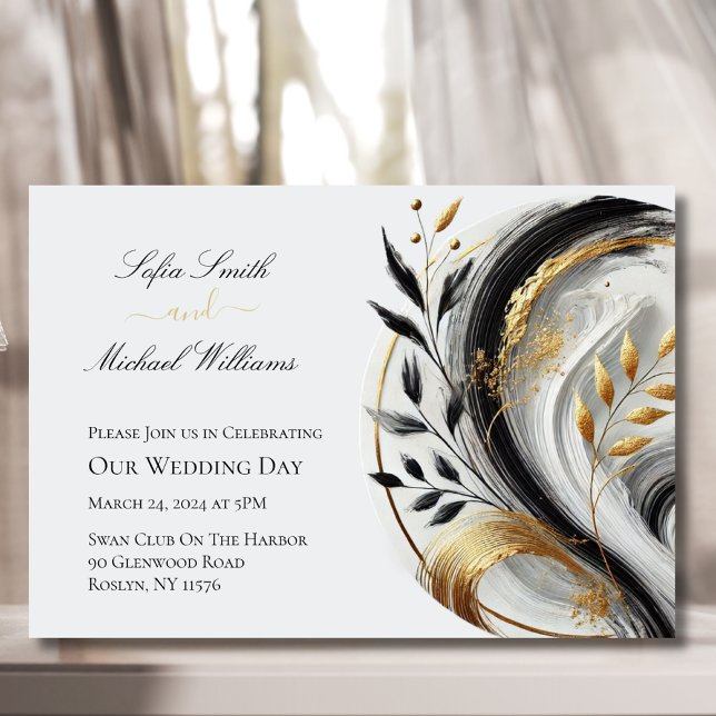 Invitation Mariage moderne Botanique Noir Blanc et Or- Inv (Modern Botanical Black White and Gold Wedding Invitation)