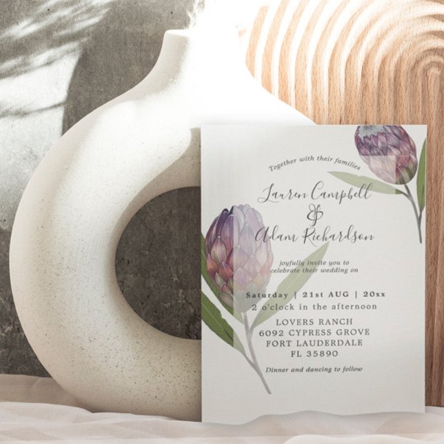 Invitation Mariage Moderne Botanique Protea Violet  (Créateur téléchargé)