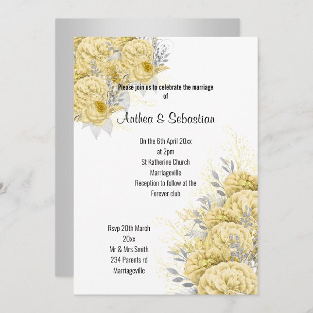 Invitation Mariage MODERNE BOUQUET JAUNE ÉLÉGANT (Devant / Derrière)