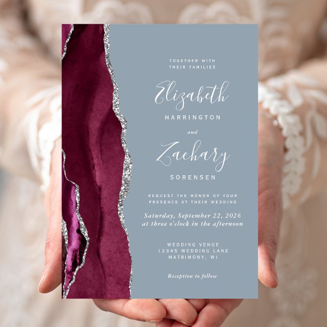 Invitation Mariage Moderne Bourgogne Argent Agate Bleu Poussi (Créateur téléchargé)