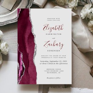 Invitation Mariage Moderne Bourgogne Argent Agate Gris Clair