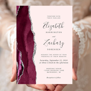 Invitation Mariage Moderne Bourgogne Argent Agate Rose Tendue