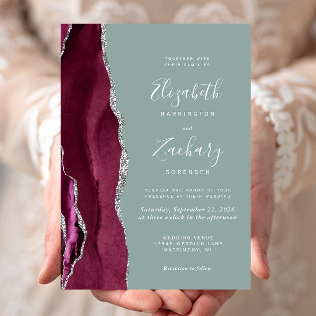 Invitation Mariage Moderne Bourgogne Argent Agate Vert Sauge (Créateur téléchargé)