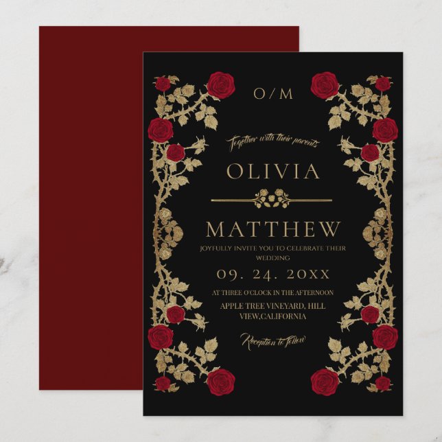 Invitation Mariage moderne Bourgogne et noir ⎮ Boho Rose Roug (Devant / Derrière)