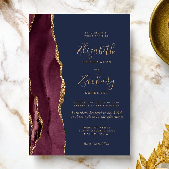 Invitation Mariage Moderne Bourgogne Or Agate Bleu Marine (A perfect choice for a burgundy and navy blue themed wedding.)