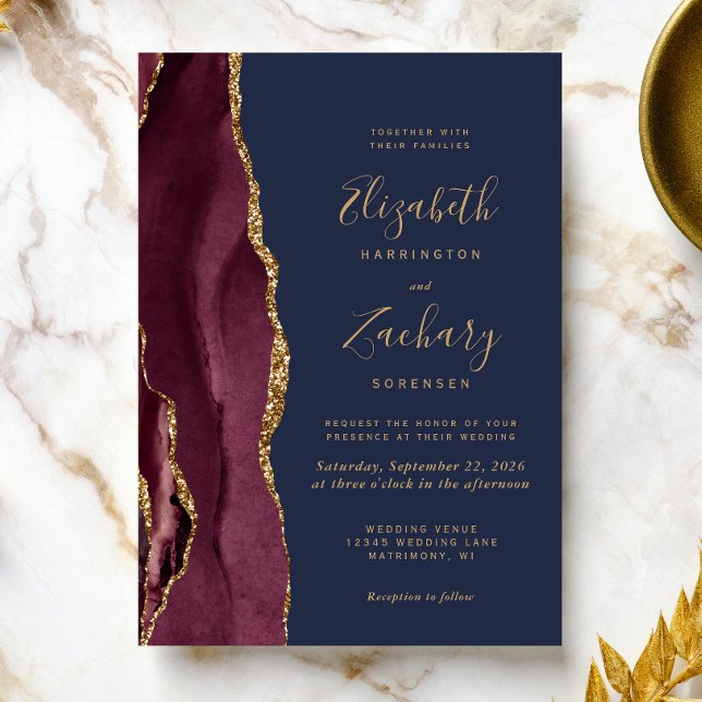 Invitation Mariage Moderne Bourgogne Or Agate Bleu Marine (A perfect choice for a burgundy and navy blue themed wedding.)