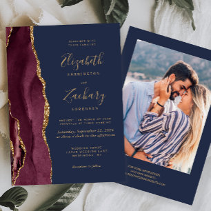 Invitation Mariage Moderne Bourgogne Or Agate Bleu Marine Pho