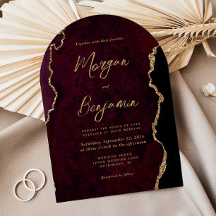 Invitation Mariage Moderne Bourgogne Or Agate Écriture Arc