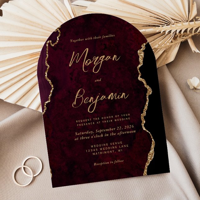 Invitation Mariage Moderne Bourgogne Or Agate Écriture Arc (Créateur téléchargé)