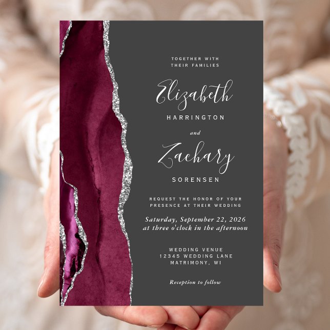 Invitation Mariage moderne Burgundy Argent Agate Charcoal Gre (Créateur téléchargé)