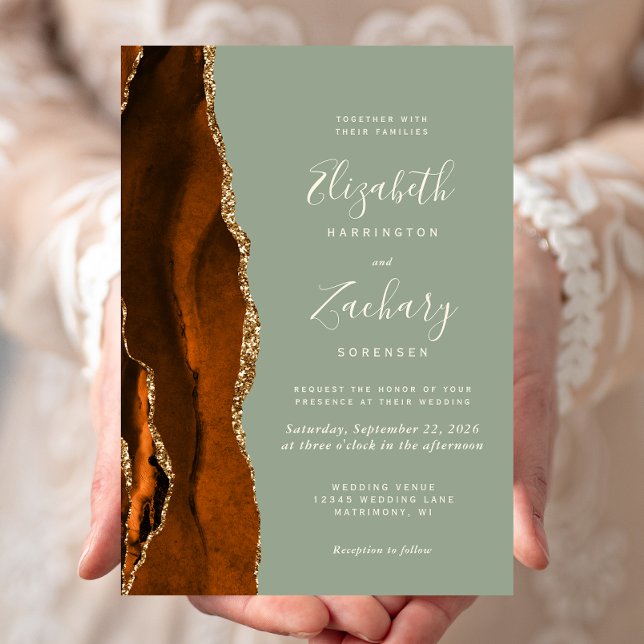 Invitation Mariage moderne Burning Orange Sage Vert Agate (Créateur téléchargé)