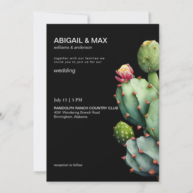 Invitation Mariage Moderne Cactus Tropical Noir (Devant)