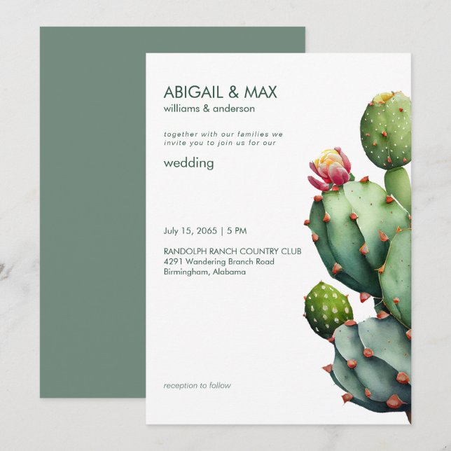 Invitation Mariage Moderne Cactus Tropical Sauge Riche (Devant / Derrière)