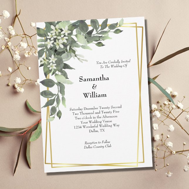 Invitation Mariage Moderne Cadre Doré Fleurs Blanches Verdure (Créateur téléchargé)