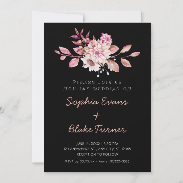 Invitation Mariage Moderne Campagne Fleurie Noir (Devant)