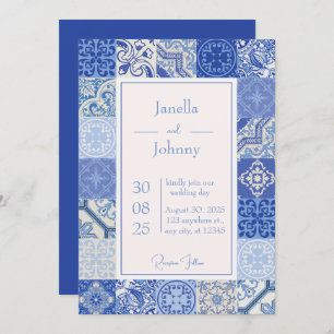 Invitation Mariage moderne Carrelage bleu & blanc méditerrané
