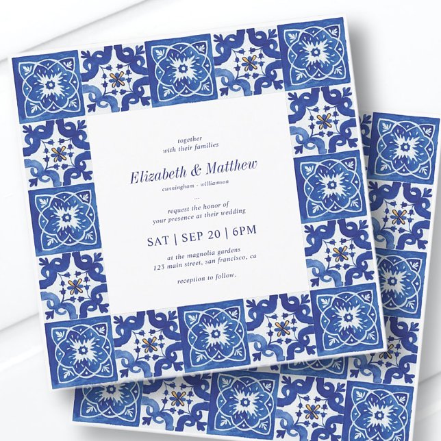 Invitation Mariage moderne Carrelage bleu & blanc méditerrané (Créateur téléchargé)