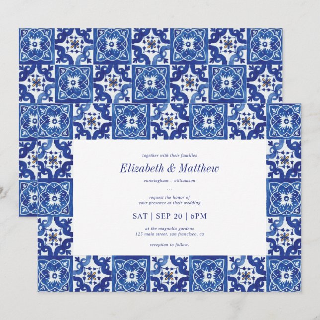 Invitation Mariage moderne Carrelage bleu & blanc méditerrané (Devant / Derrière)